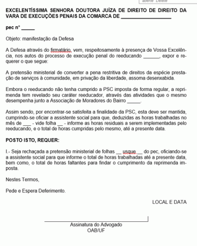 Modelo de Petição Pedido Conversão da PSC em Pena Privativa de Liberdade