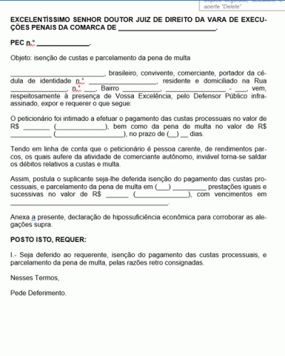 Modelo de Petição Pedido Parcelamento de Multa e Isenção das Custas Processuais