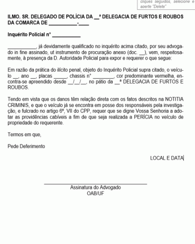 Modelo de Petição Pedido Requerimento de Perícia Autoridade Policial do CPP