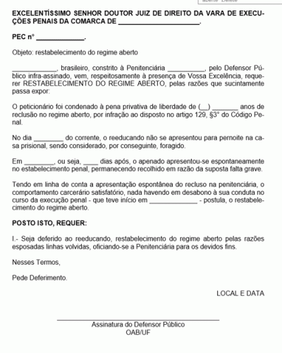 Modelo de Petição Pedido Restabelecimento Regime Aberto