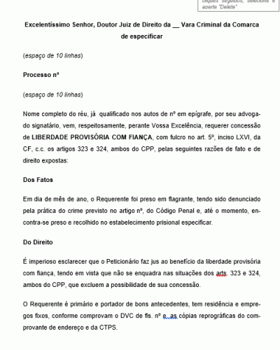 Modelo de Petição Acusado pede Liberdade Provisória com Fiança - Após Crime Permite este Benefício