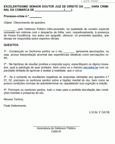 Modelo de Petição Quesitos Incidente de Insanidade Mental Higidez Mental