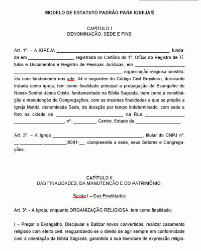 Modelo de Estatuto para Igrejas - Padrão - Incluído pela Lei n 10825 de 22 12 2003