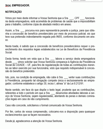 Modelo de Petição Notificação ao Empregador Regularização das Contribuições Previdenciárias