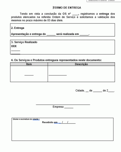 Modelo de Termo de Entrega de Produtos e Serviços Realizado com Aceite do Cliente - OS Prazo Entrega