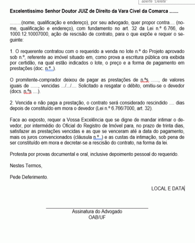 Modelo de Petição Parcelamento do Solo Urbano Rescisão de Contrato