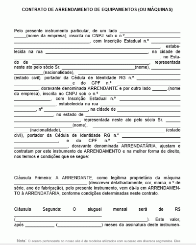 Modelo de Contrato de Arrendamento Aluguel de Equipamentos ou Máquinas