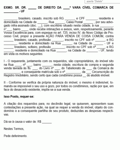 Modelo de Petição Alienação de Coisa Comum Indivisível