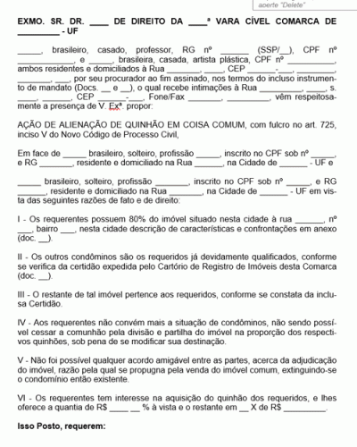 Modelo de Petição Alienação de Quinhão em Coisa Comum