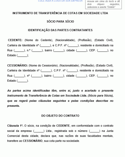 Modelo de Instrumento de Transferência de Cotas em Sociedade LTDA - Sócio Para Sócio - Junta Comercial