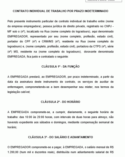 Modelo de Contrato Individual de Trabalho por Prazo Indeterminado