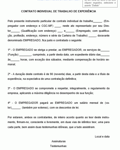 Modelo de Contrato Individual de Trabalho de Experiência - Prazo Determinado e Indeterminado