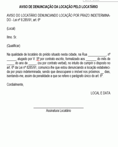 Modelo de Aviso de Denunciação da Locação pelo Locatário