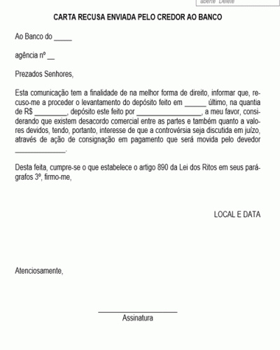 Modelo de Carta Recusa Enviada pelo Credor ao Banco