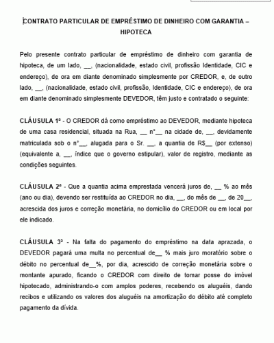 Modelo de Contrato Particular de Empréstimo de Dinheiro com Garantia - Hipoteca