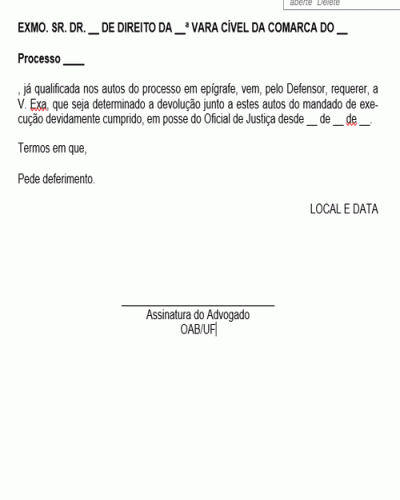 Modelo de Petição Cobrando o Oficial de Justiça Devolução Mandado