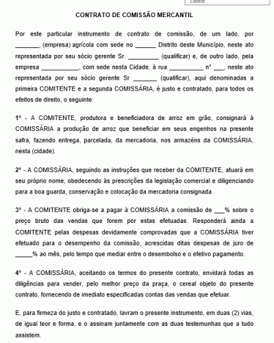Modelo de Contrato de Comissão Mercantil para Beneficiamento de produto agrícola - Arroz em Grão