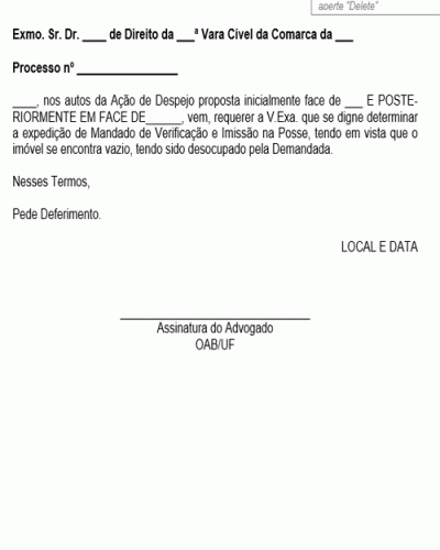 Modelo de Petição Mandado de Imissão e Verificação