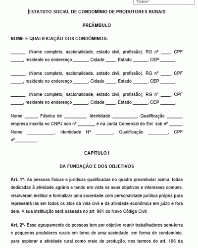 Modelo de Contrato de Estatuto Social de Condomínio de Produtores Rurais