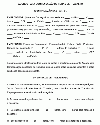 Modelo de Contrato de Acordo para Compensação de Horas de Trabalho - Horas Trabalhadas