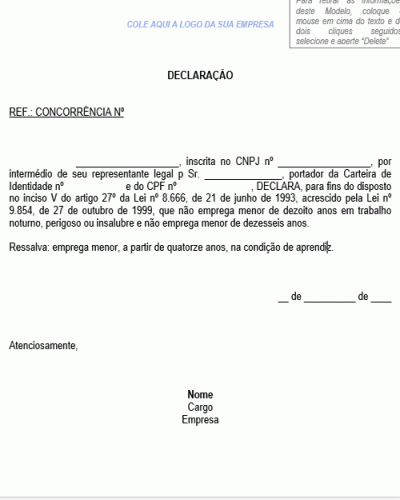 Modelo de Declaração Trabalho de Menor