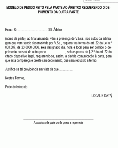 Modelo de Pedido feito pela parte ao Árbitro Requerendo o Depoimento da Outra Parte