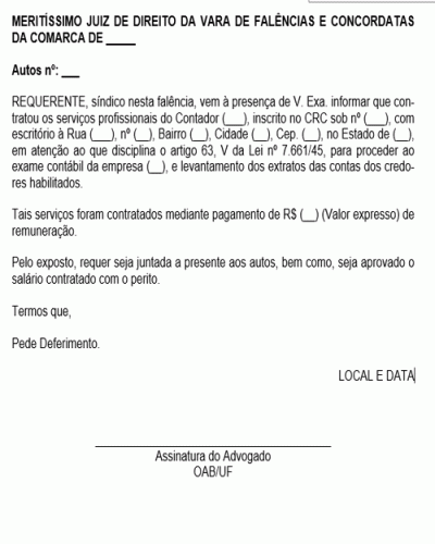 Modelo de Petição Pedido de Aprovação de Perito Contábil em Processo Falimentar