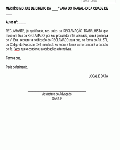 Modelo de Petição Pedido de Execução de Obrigações Alternativas no Processo do Trabalho