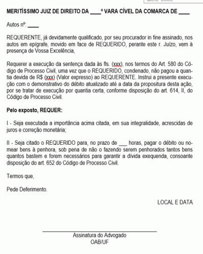 Modelo de Petição Pedido de Execução de Sentença Judicial não Cumprida