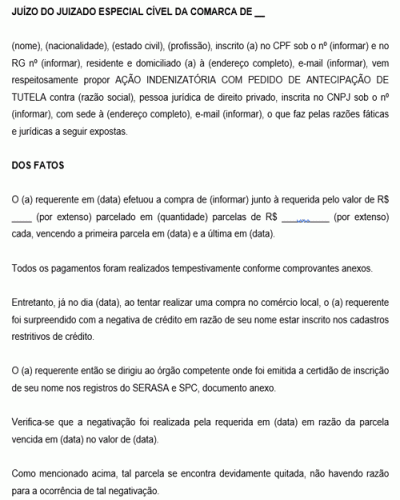 Modelo de Ação de indenização cc pedido de tutela em face de negativação indevida de nome