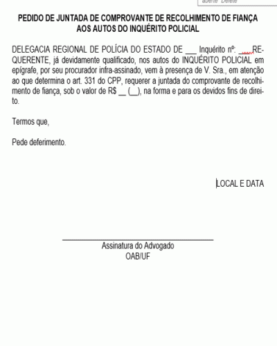 Modelo de Pedido de Juntada de Comprovante de Recolhimento de Fiança aos Autos de Inquérito Policial