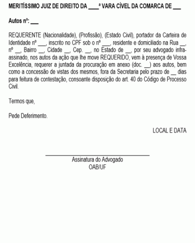 Modelo de Petição Pedido de Juntada de Procuração com Pedido de Vista para Contestação em Ação Cível