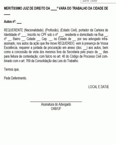 Modelo de Petição Pedido de Juntada de Procuração com Pedido de Vista para Contestação em Ação Trabalhista