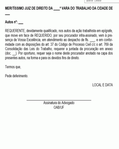 Modelo de Petição Pedido de Juntada de Procuração em Ação Trabalhista