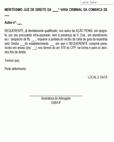 Modelo de Petição Pedido de Juntada de Recibo de Carta de Guia em Processo Penal