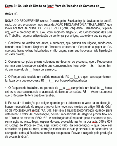 Modelo de Petição Pedido de Liquidação de Sentença por Artigos