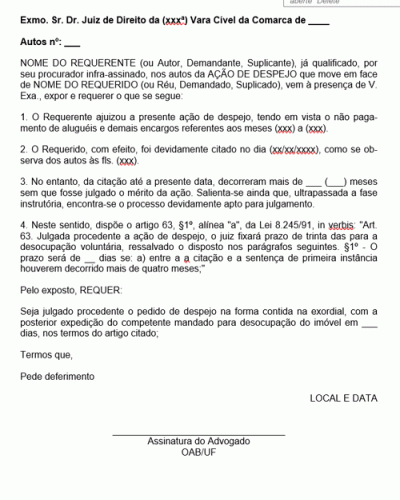 Modelo de Petição Pedido de Redução de Prazo de Desocupação de Imóvel para 15 Dias em Ação de Despejo