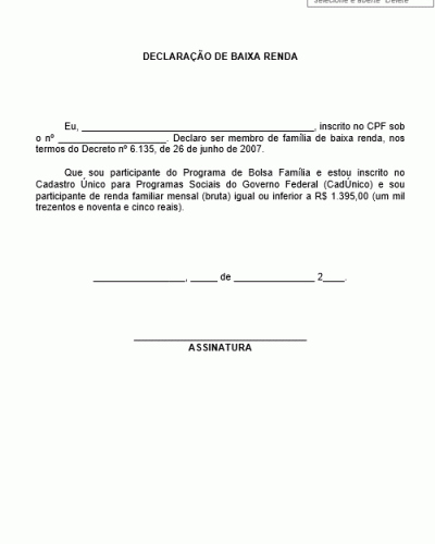 Modelo de Declaração de Baixa Renda - Declarando Bolsa Família e Renda Familiar Inferior