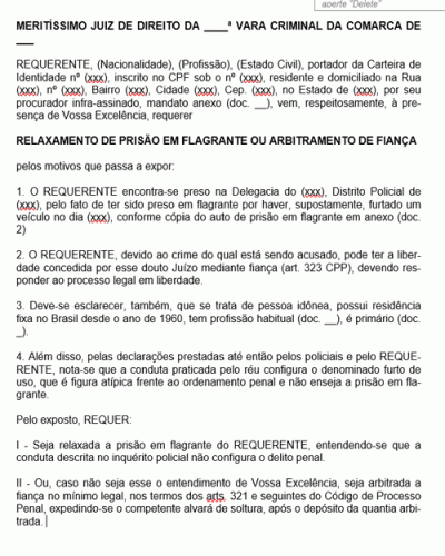 Modelo de Petição Pedido de Relaxamento de Prisão em Flagrante ou Arbitramento de Fiança