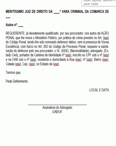 Modelo de Petição Pedido de Substituição de Defensor Dativo