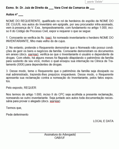 Modelo de Petição Reclamação Contra Nomeação de Inventariante