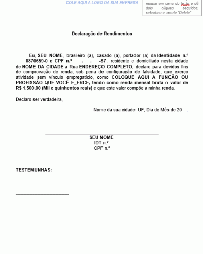 Modelo de Declaração de Rendimentos - Comprovante de Renda Autônomo