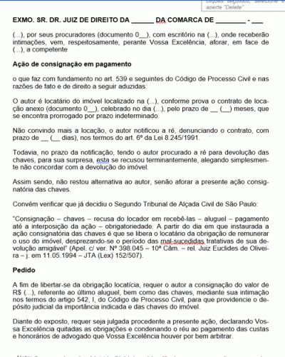 Modelo de Petição Ação de Consignação de Chaves - NOVO CPC