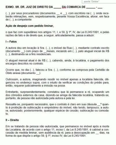 Modelo de Petição Ação de Despejo em Virtude da Permanência de Pessoas não Autorizadas Após a Morte do Locatário - NOVO CPC