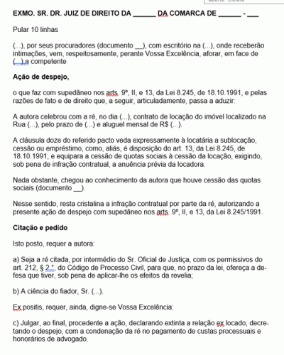 Modelo de Petição Ação de Despejo por Cessão da Locação em Razão da Cessão das Quotas Sociais - NOVO CPC