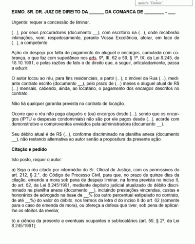 Modelo de Petição Ação de Despejo por Falta de Pagamento com Pedido de Desocupação Liminar na Hipótese de Ausência de Garantias - NOVO CPC