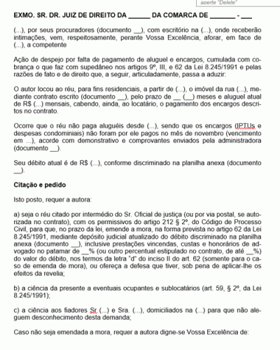 Modelo de Petição Ação de Despejo por Falta de Pagamento Cumulada com Cobrança de Aluguéis Somente Contra o Locatário - NOVO CPC