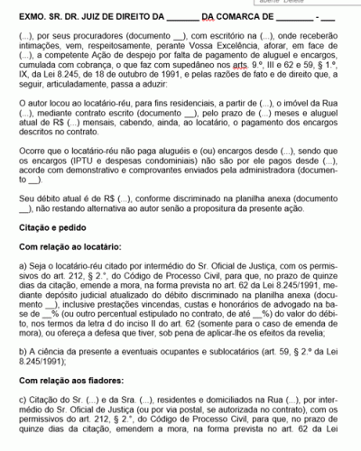 Modelo de Petição Ação de Despejo por Falta de Pagamento Cumulada com Cobrança em Face do Fiador - NOVO CPC