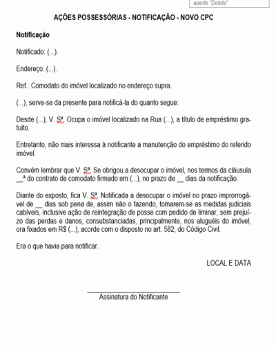 Modelo de Notificação Ações Possessórias - NOVO CPC