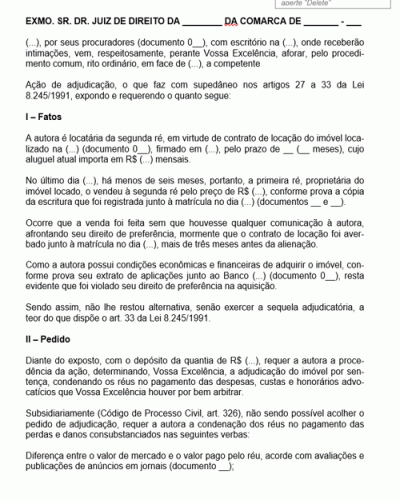 Modelo de Petição Adjudicação do Imóvel por Afronta ao Direito de Preferência - NOVO CPC